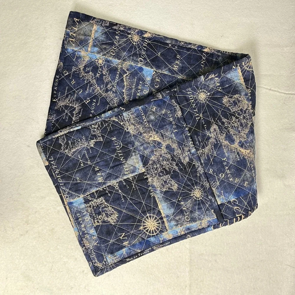 Dark Academia Vintage‎ Inspired OS Blue Gold Nautical Map Quilted Table Runner